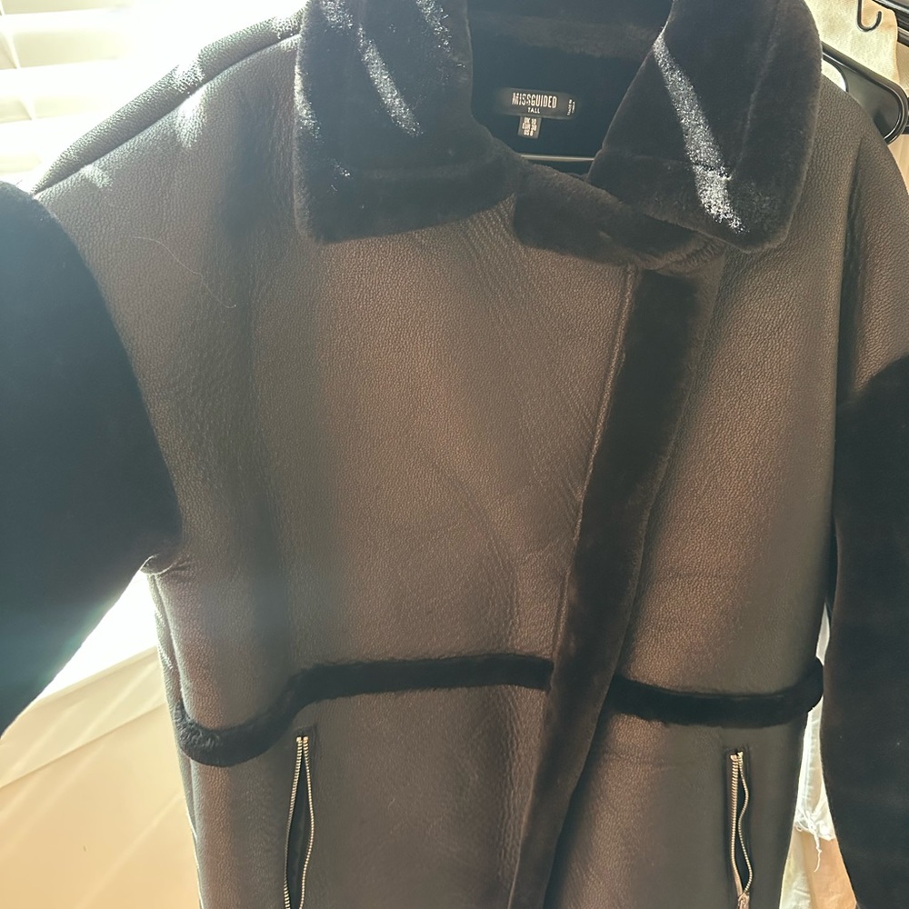 Black Faux Leather Shearling Lined Coat